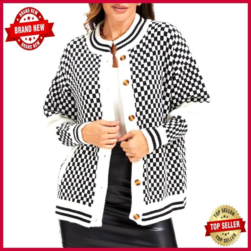 Oversized Checkered Cardigan Knit Sweater with Pockets Button Front